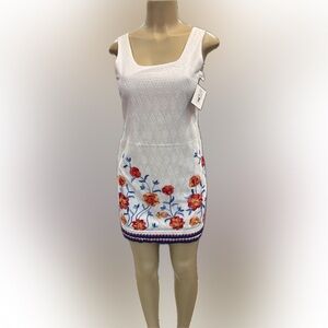 Tahari ASL White Eyelet Dress with Red and Blue Embroidery